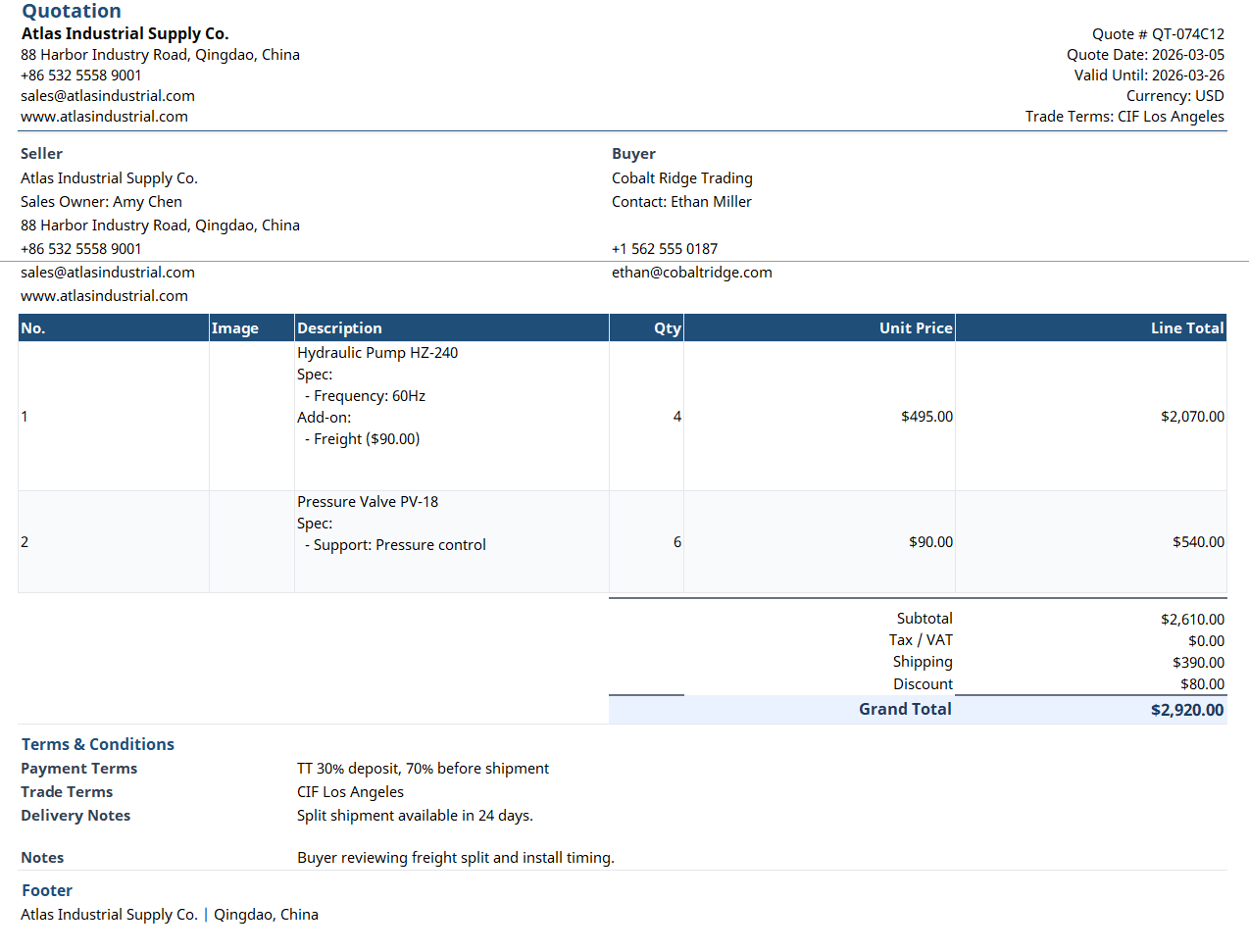 Excel quotation screenshot
